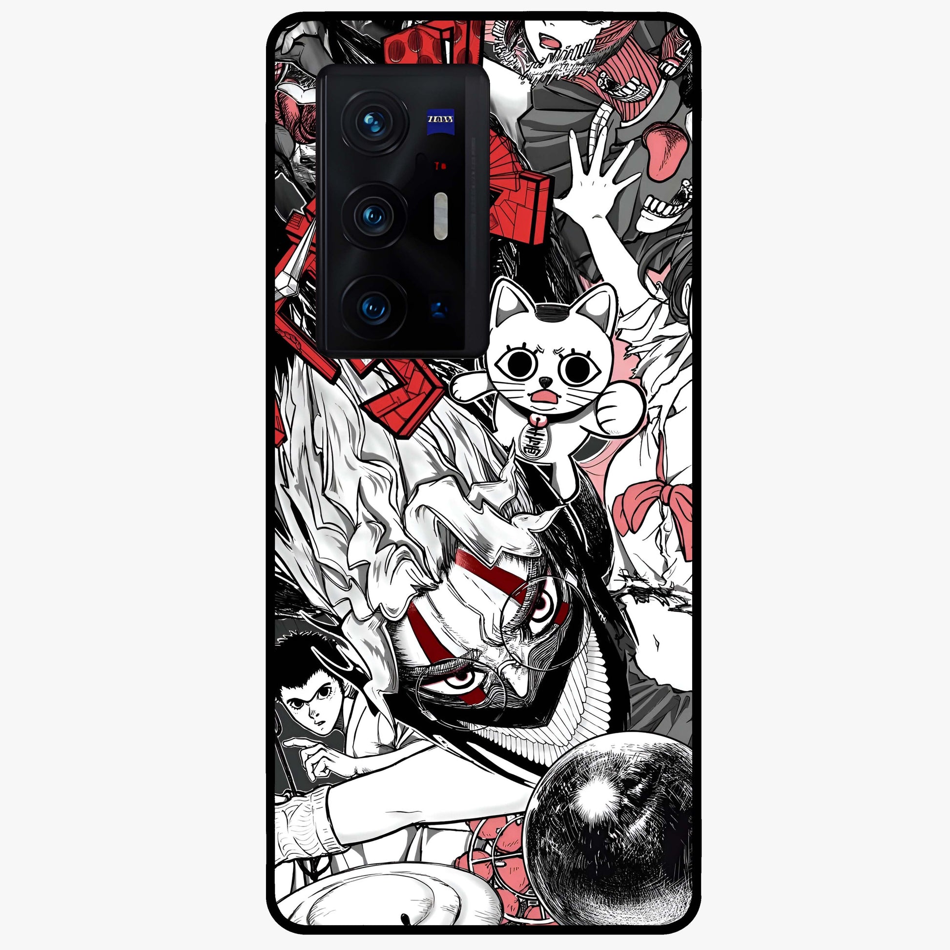 Crimson Chaos Panel Glass Case showing flat back view with bold crimson abstract artwork and glossy glass finish.