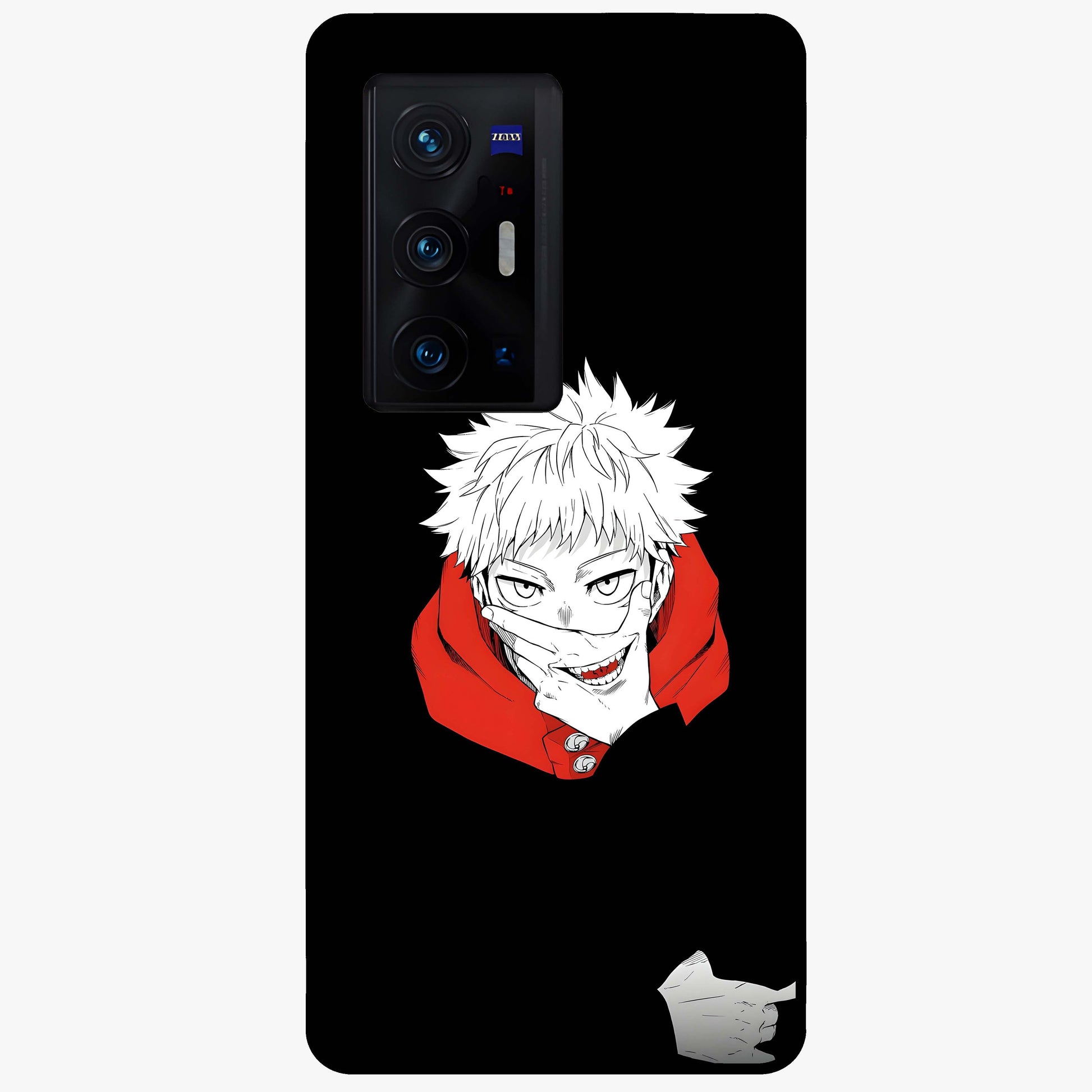 Crimson Chaos Smile Glass Case showing flat back view with bold chaotic smile artwork and glossy glass finish.