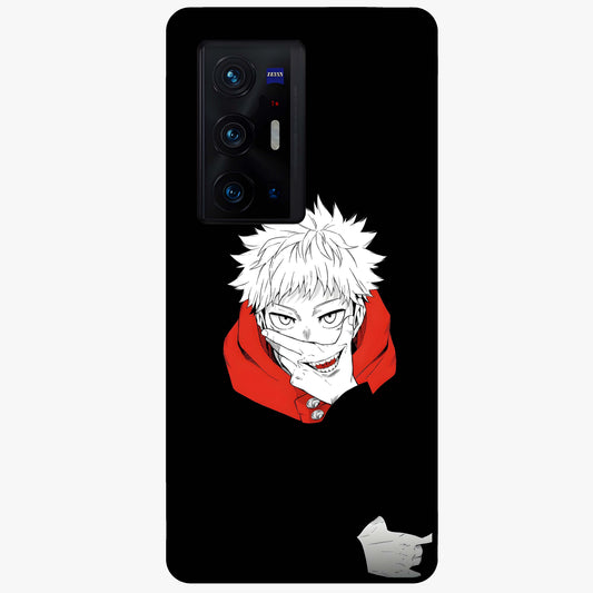 Crimson Chaos Smile Glass Case showing flat back view with bold chaotic smile artwork and glossy glass finish.
