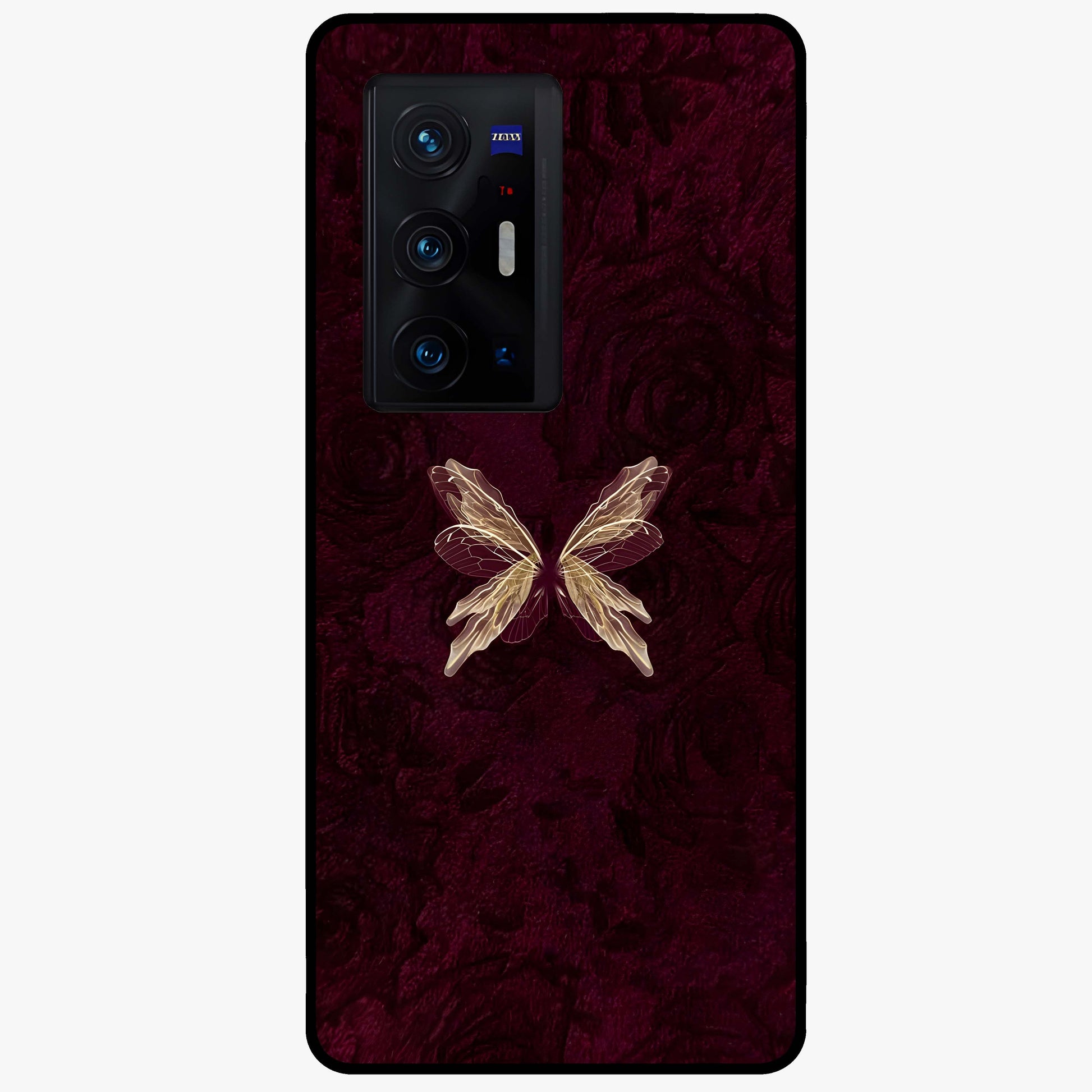 Crimson Fade Butterfly Glass Case showing flat back view with fading butterfly artwork and glossy glass finish.