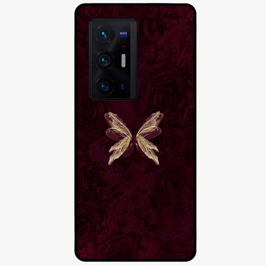Crimson Fade Butterfly Glass Case showing flat back view with fading butterfly artwork and glossy glass finish.