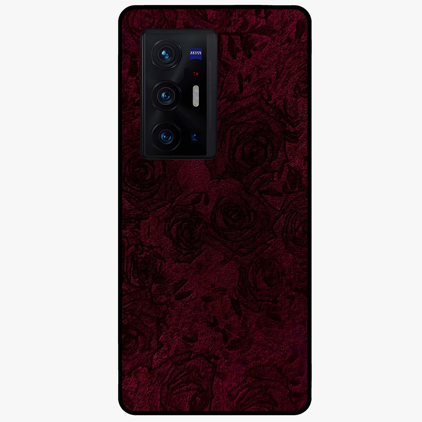 Crimson Fade Flow Glass Case showing flat back view with flowing crimson gradient artwork and glossy glass finish.
