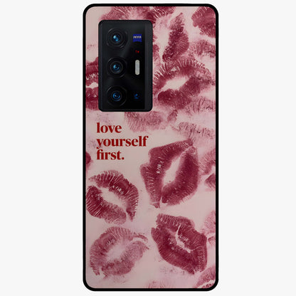 Crimson Kiss Love Glass Case showing flat back view with romantic crimson themed artwork and glossy glass finish.