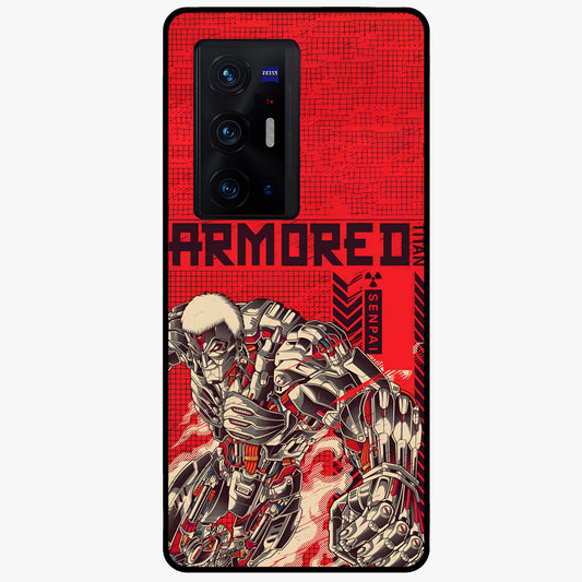 Crimson Mecha Titan Glass Case showing flat back view with powerful mech titan artwork and glossy glass finish.