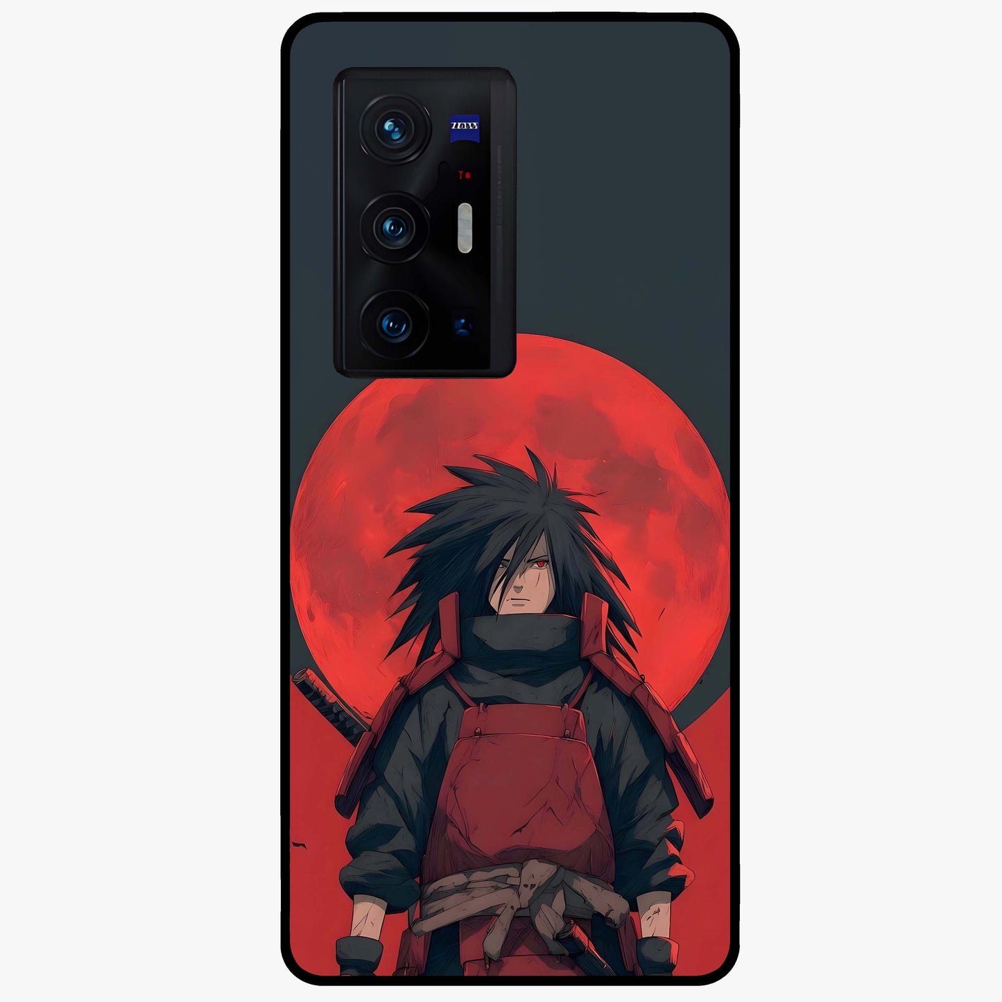 Crimson Moon Warlord Glass Case showing flat back view with mystical moon warrior artwork and glossy glass finish.