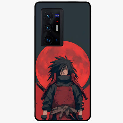Crimson Moon Warlord Glass Case showing flat back view with mystical moon warrior artwork and glossy glass finish.