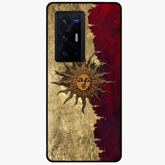 Crimson Sun Majesty Glass Case showing flat back view with radiant sun inspired artwork and glossy glass finish.