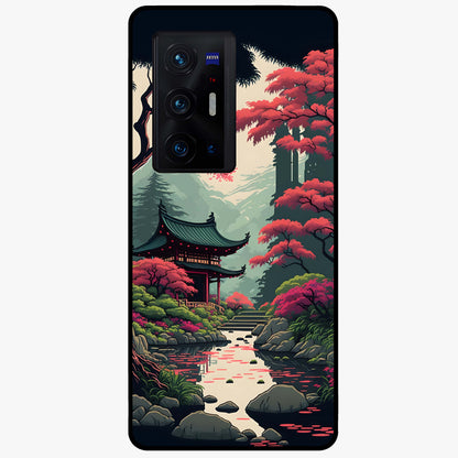 Crimson Temple View Glass Case showing flat back view with temple inspired artwork and glossy glass finish.
