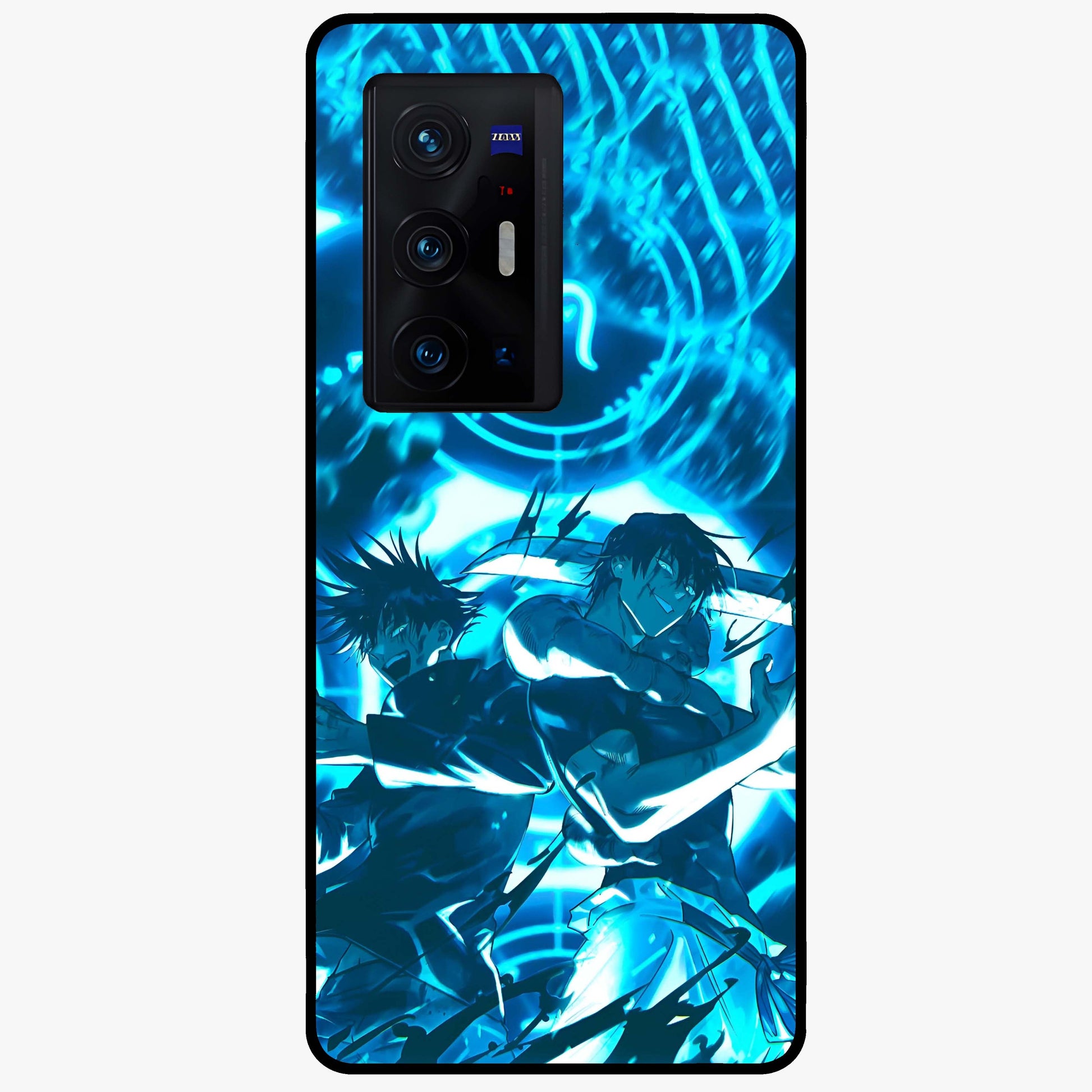 Cursed Energy Clash Glass Case showing flat back view with intense cursed energy artwork and glossy glass finish.