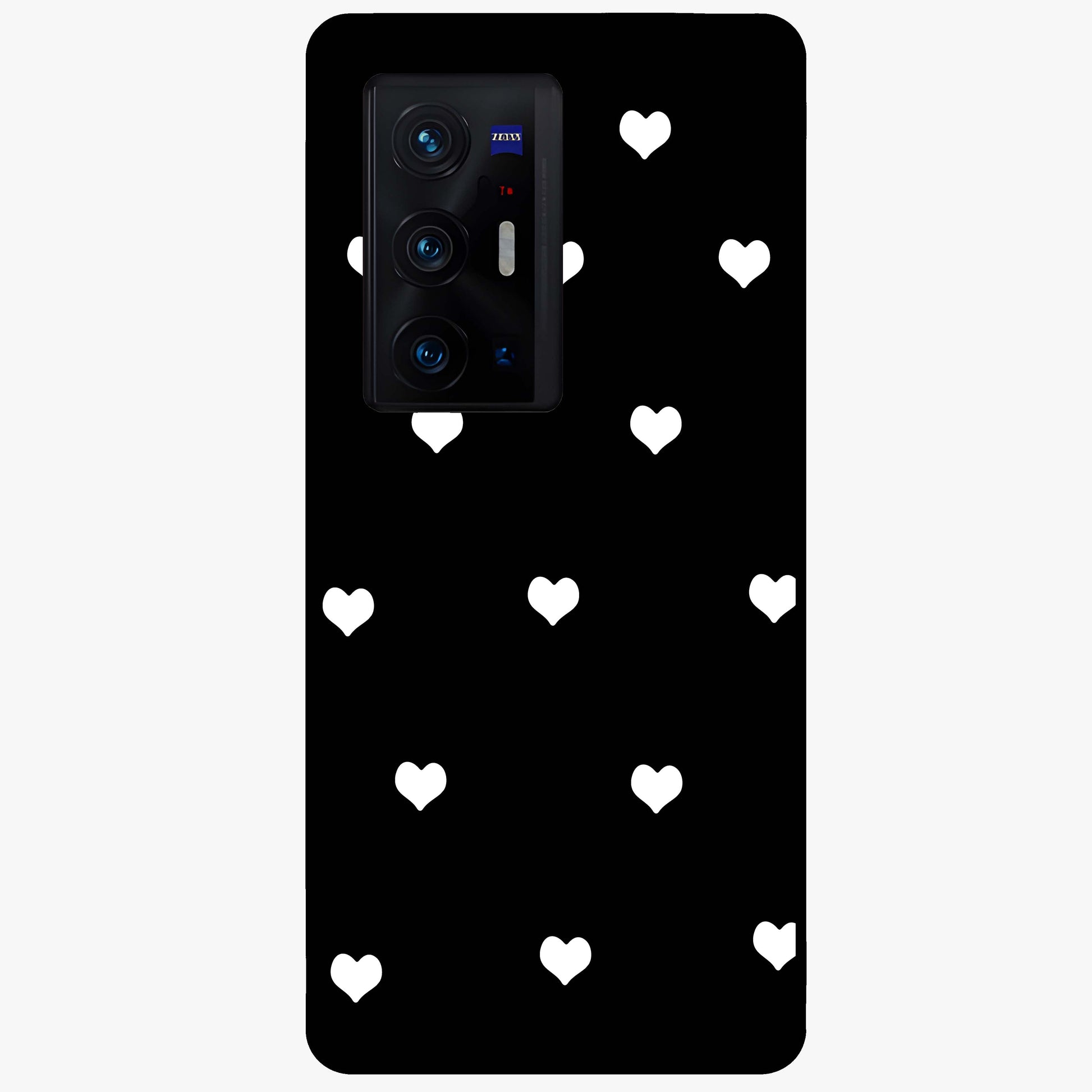 Cute And Simple White Hearts Glass Case showing flat back view with minimal white heart pattern and glossy glass finish.