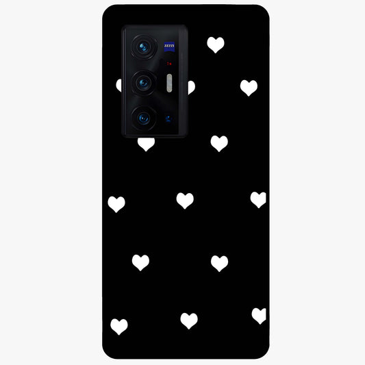 Cute And Simple White Hearts Glass Case showing flat back view with minimal white heart pattern and glossy glass finish.