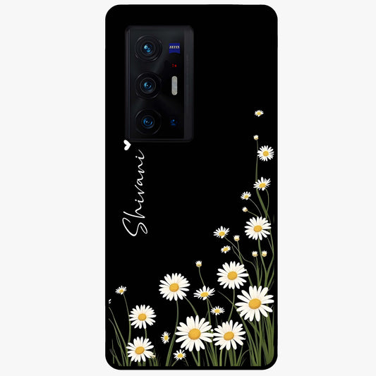 Daisy Cascade Custom Name Glass Case showing flat back view with cascading daisy flowers and personalized name design.
