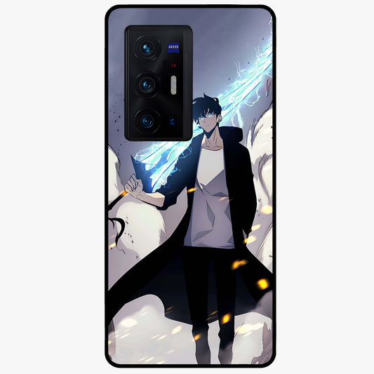 Dark Lightning Anime Warrior Glass Case showing flat back view with intense anime warrior artwork and glossy glass finish.