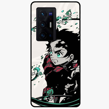 Demon Slayer Glass Case showing flat back view with bold anime inspired artwork and glossy glass finish.