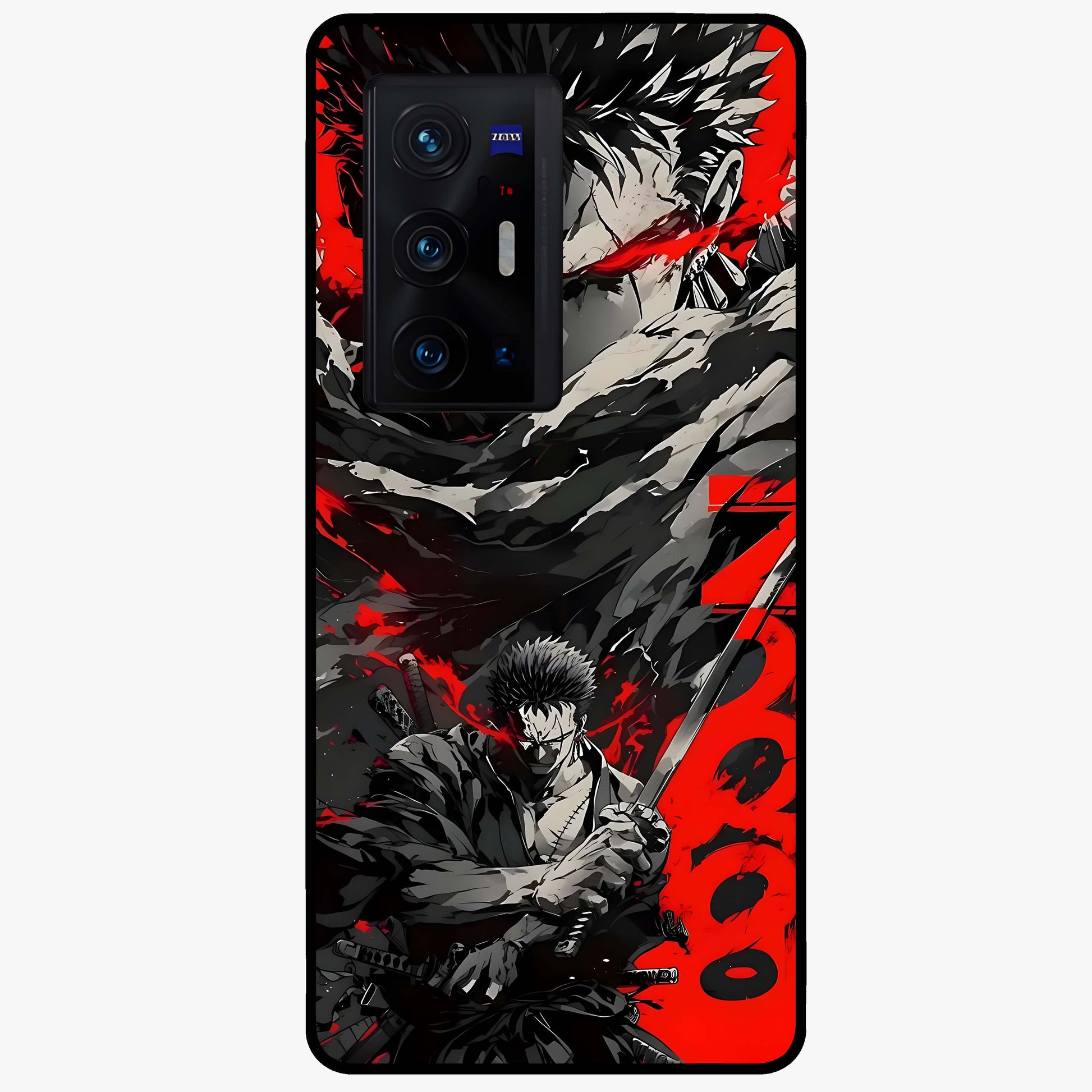 Demon Sword Resolve Glass Case showing flat back view with fierce sword warrior artwork and glossy glass finish.