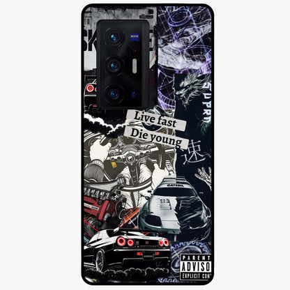 Die Young Glass Case showing flat back view with bold artistic typography design and glossy glass finish.