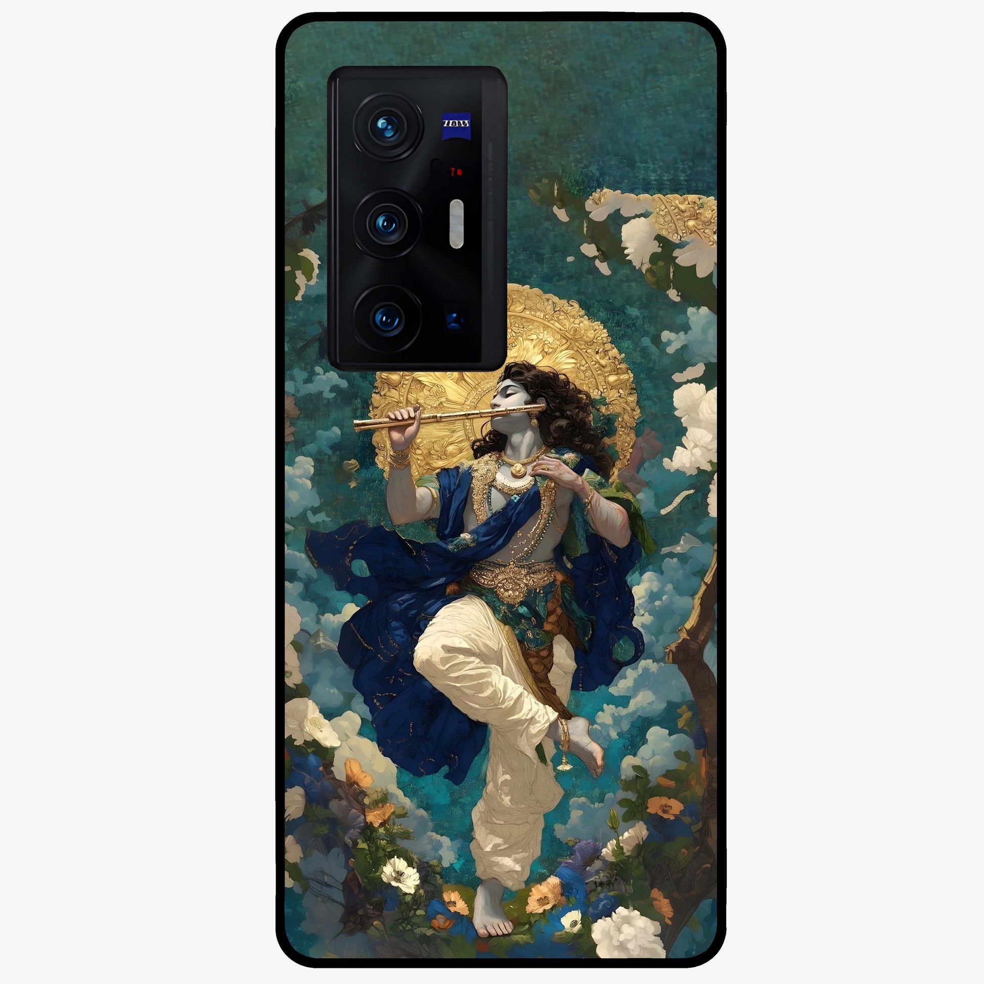Divine Krishna Art Glass Case showing flat back view with Lord Krishna artwork and glossy glass finish.