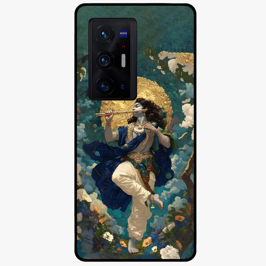 Divine Krishna Art Glass Case showing flat back view with Lord Krishna artwork and glossy glass finish.