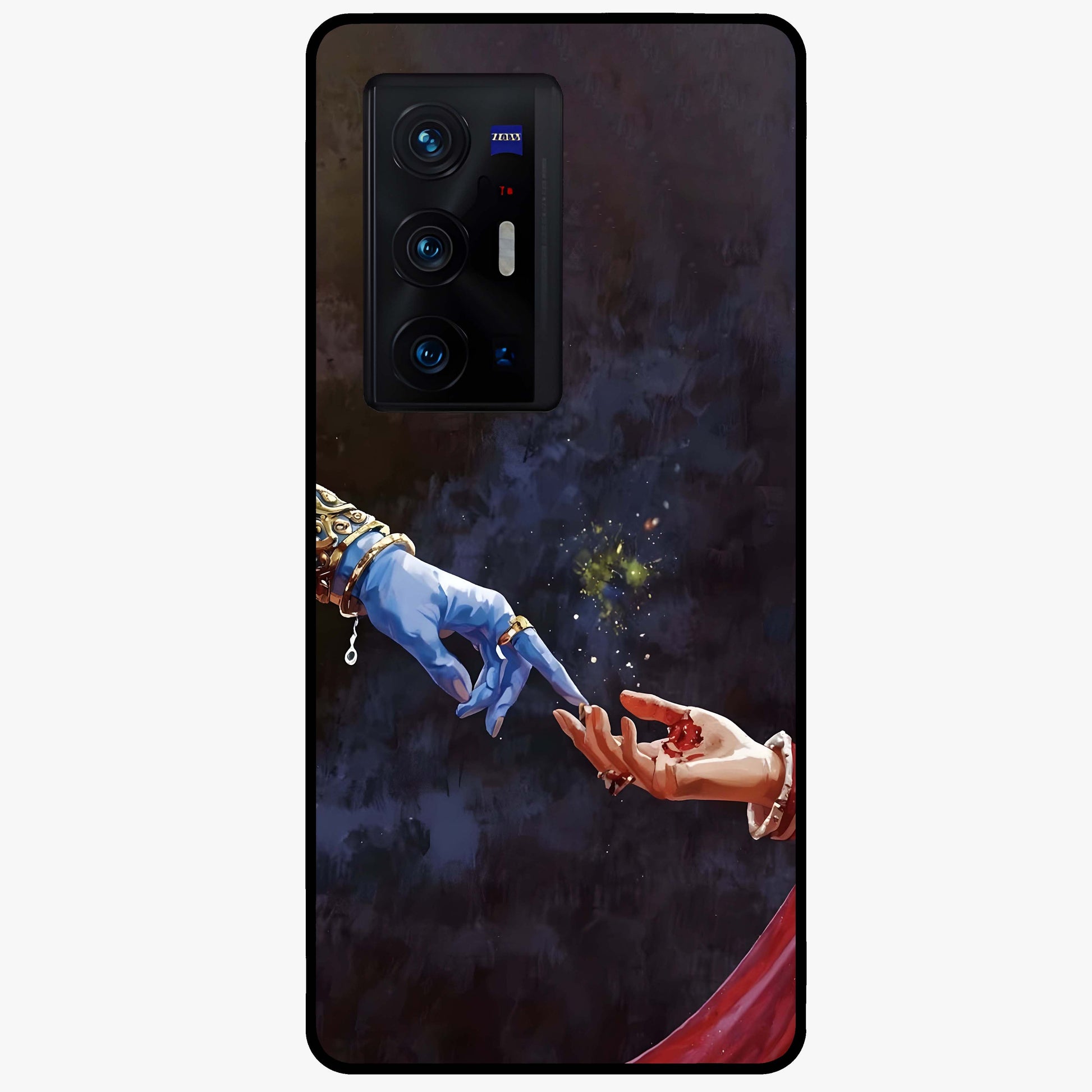 Divine Touch Eternal Glass Case showing flat back view with spiritual themed artwork and glossy glass finish.