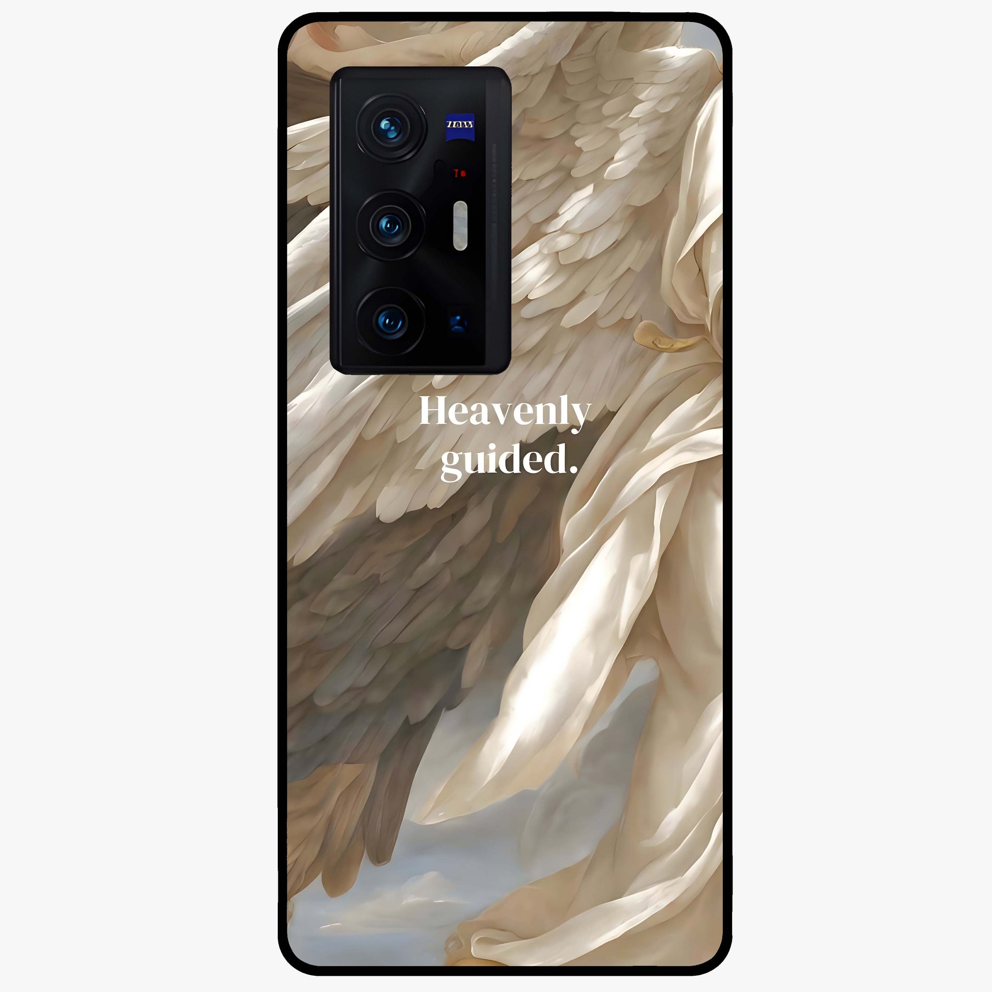 Divine Winged Grace Glass Case showing flat back view with elegant wing inspired artwork and glossy glass finish.