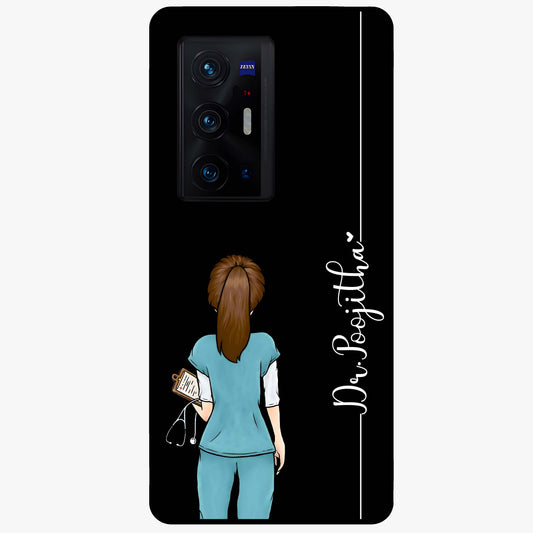 Doctor Pattern Custom Name Glass Case showing flat back view with medical themed pattern and personalized name design.