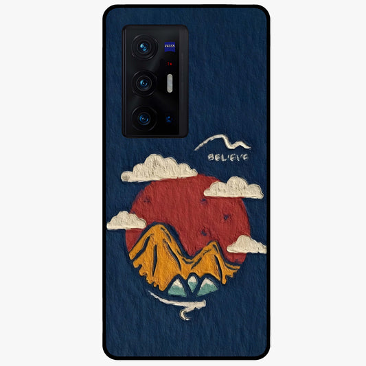 Dream Beyond Mountains Glass Case showing flat back view with scenic mountain landscape artwork and glossy glass finish.