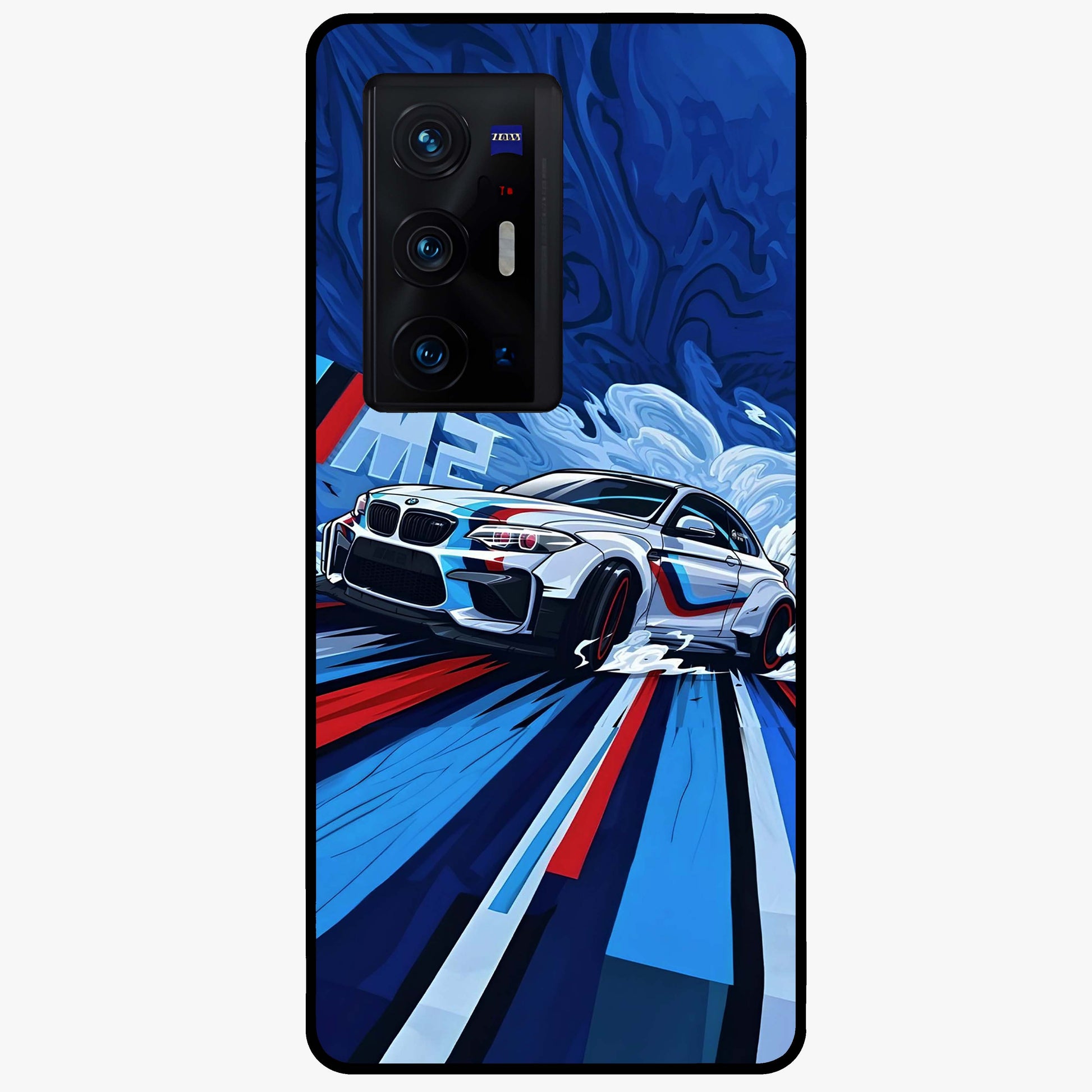 Drift Power Rush Glass Case showing flat back view with dynamic racing inspired artwork and glossy glass finish.