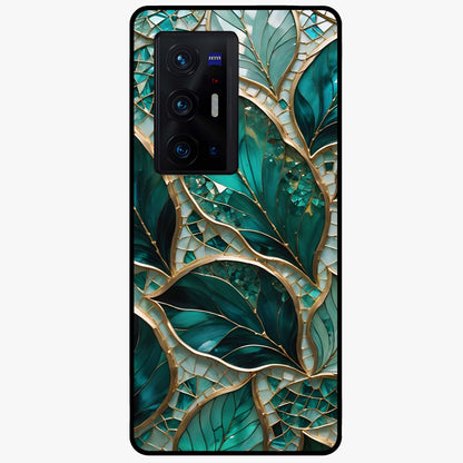 Emerald Leaf Glass Glass Case showing flat back view with emerald green leaf artwork and glossy glass finish.