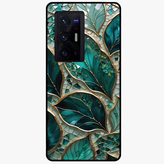 Emerald Leaf Glass Glass Case showing flat back view with emerald green leaf artwork and glossy glass finish.