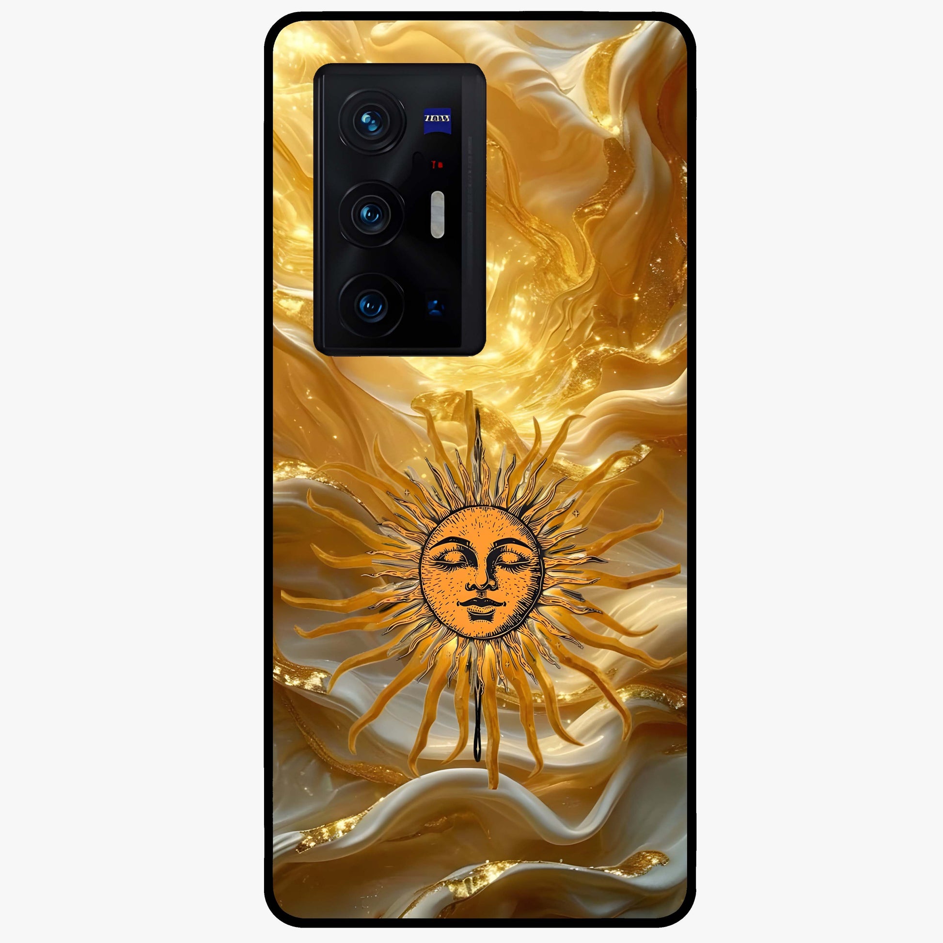 Eternal Golden Glow Glass Case showing flat back view with radiant golden themed artwork and glossy glass finish.