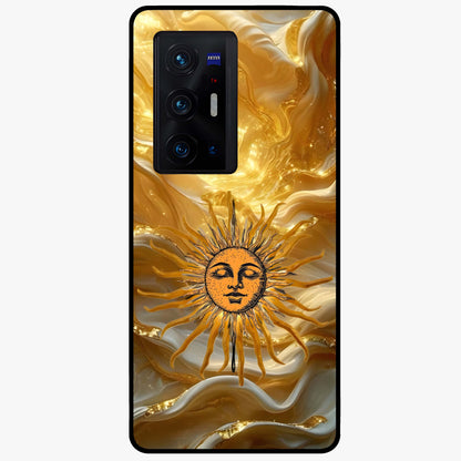 Eternal Golden Glow Glass Case showing flat back view with radiant golden themed artwork and glossy glass finish.