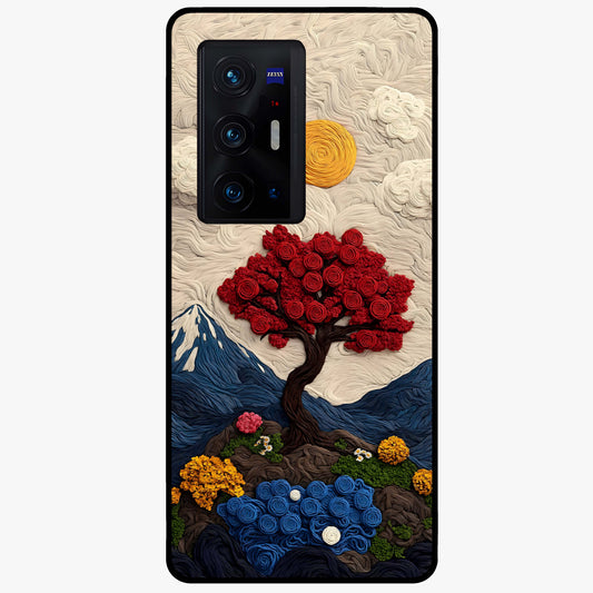 Eternal Nature Tapestry Glass Case showing flat back view with intricate nature tapestry artwork and glossy glass finish.