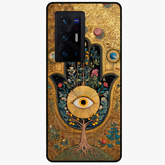 Ethereal Evil Eye Glass Case showing flat back view with mystical evil eye artwork and glossy glass finish.