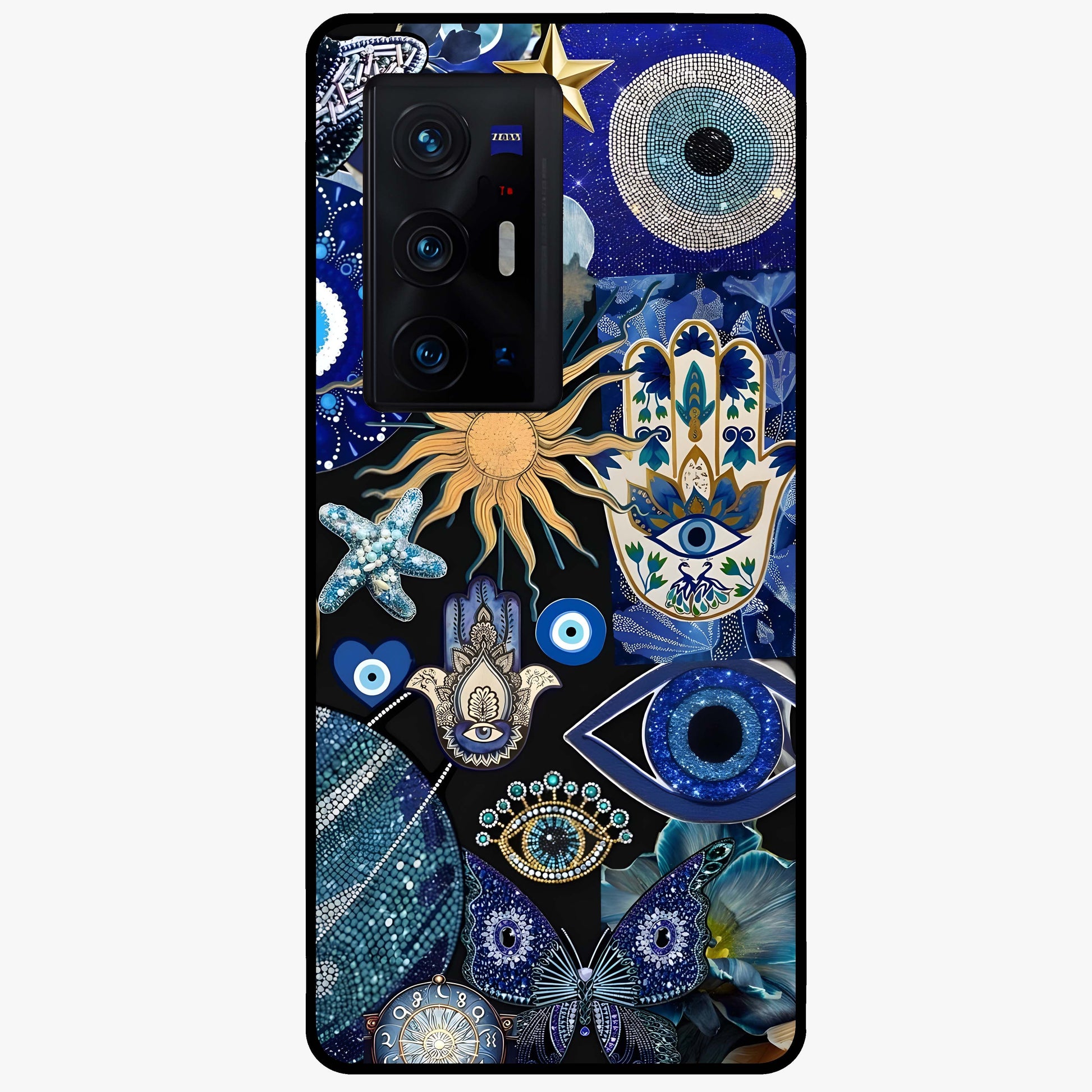 Evil Eye Charm Mix Glass Case showing flat back view with multiple evil eye charms artwork and glossy glass finish.
