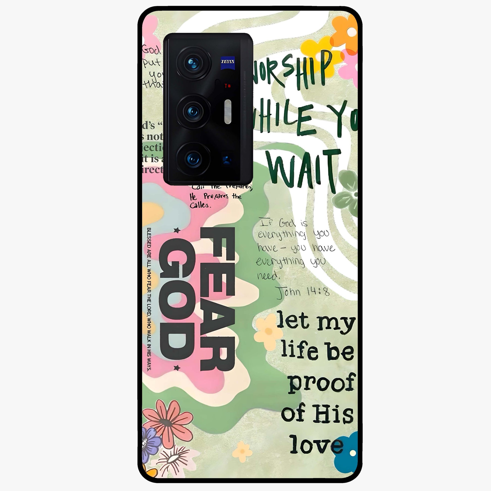Faith Over Fear Glass Case showing flat back view with motivational typography artwork and glossy glass finish.