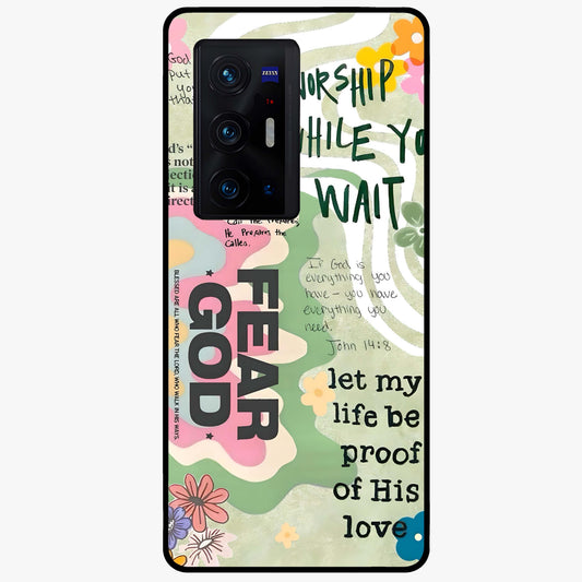 Faith Over Fear Glass Case showing flat back view with motivational typography artwork and glossy glass finish.