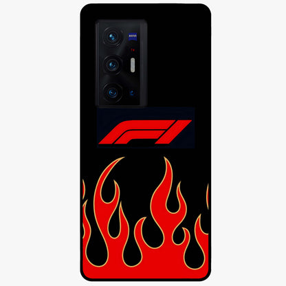 Fire F11 Glass Case showing flat back view with fiery themed artwork and glossy glass finish.