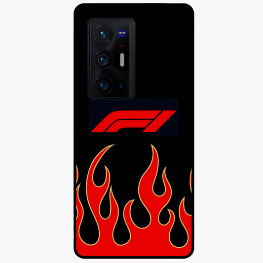 Fire F11 Glass Case showing flat back view with fiery themed artwork and glossy glass finish.