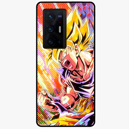 Firing Goku Glass Case showing flat back view with powerful anime inspired artwork and glossy glass finish.