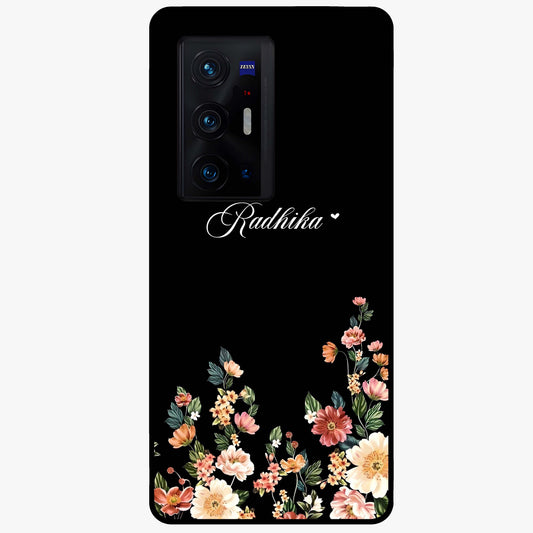 Floral Design With a Custom Personalized Name Glass Case showing flat back view with floral artwork and personalized name design.