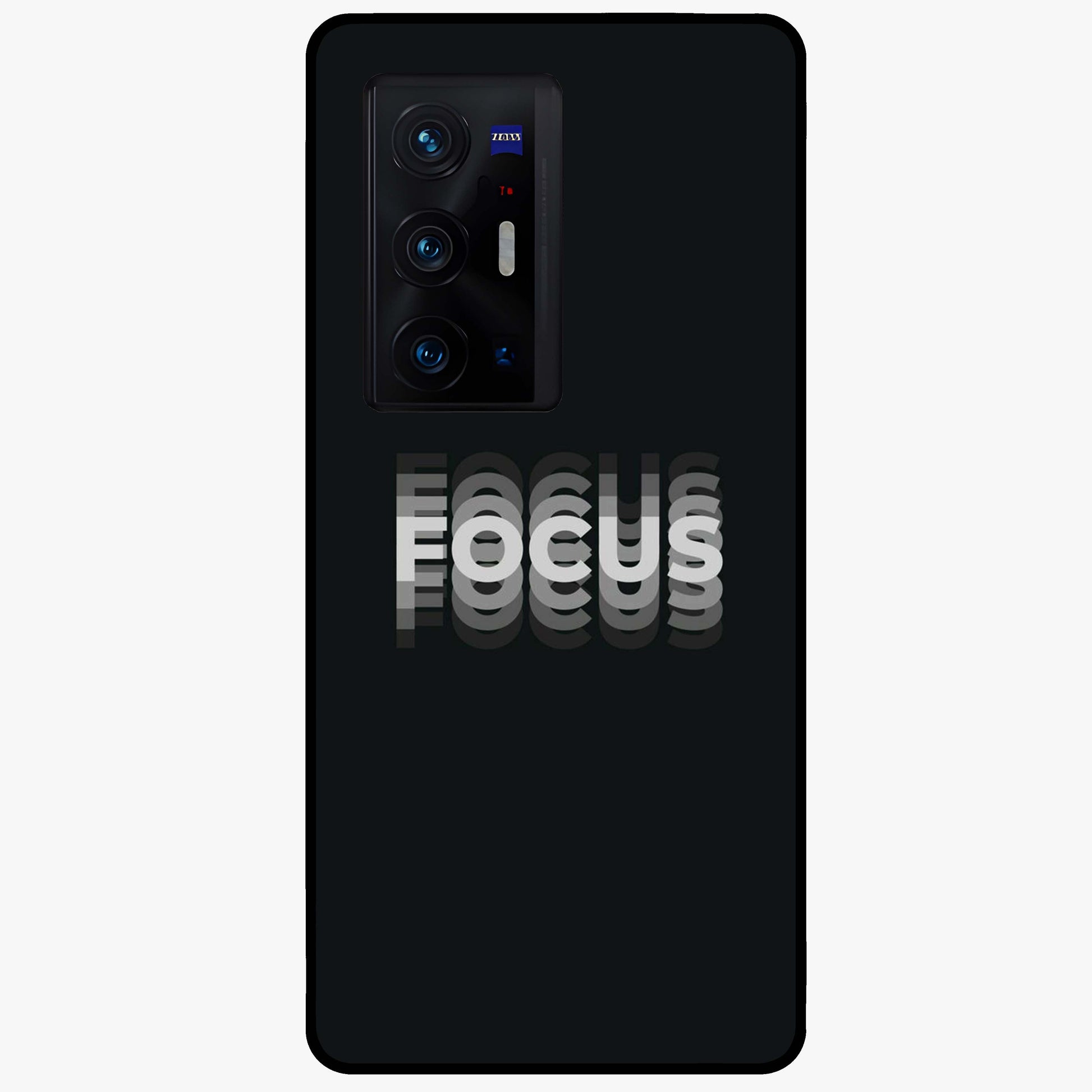 Focus Mode On Glass Case showing flat back view with bold motivational typography design and glossy glass finish.