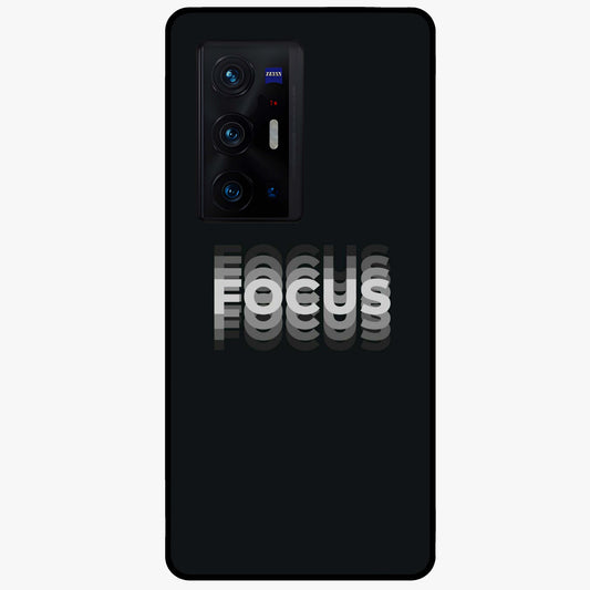 Focus Mode On Glass Case showing flat back view with bold motivational typography design and glossy glass finish.