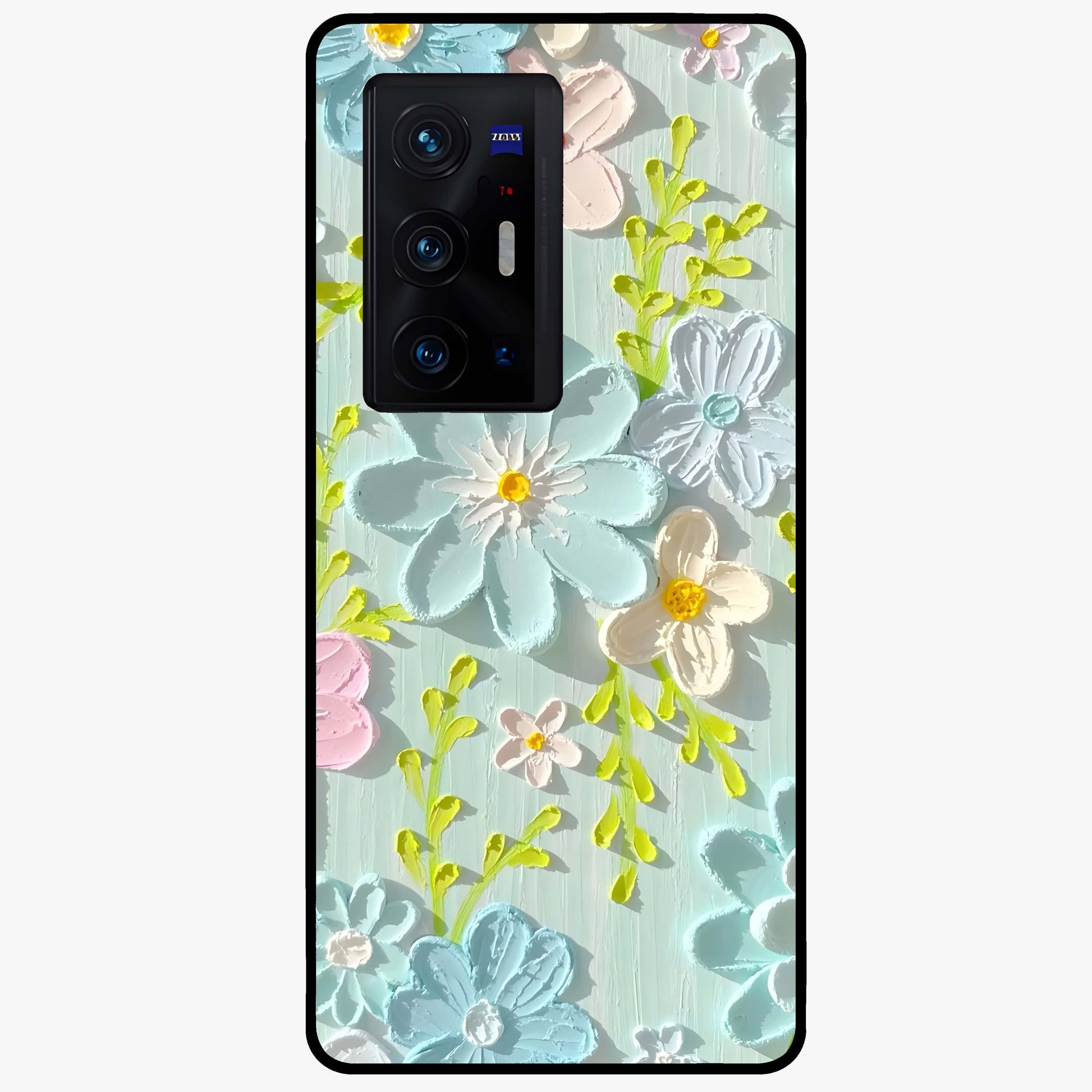 Frosted Petal Garden Glass Case showing flat back view with soft frosted floral artwork and glossy glass finish.