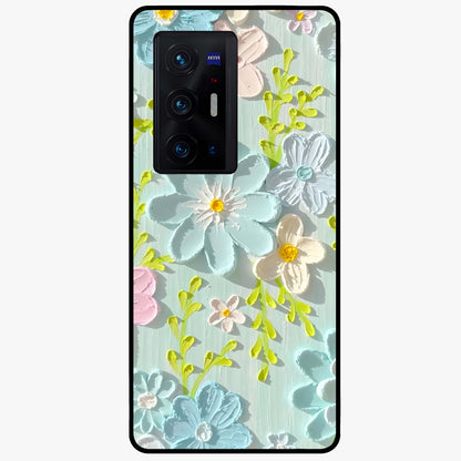 Frosted Petal Garden Glass Case showing flat back view with soft frosted floral artwork and glossy glass finish.