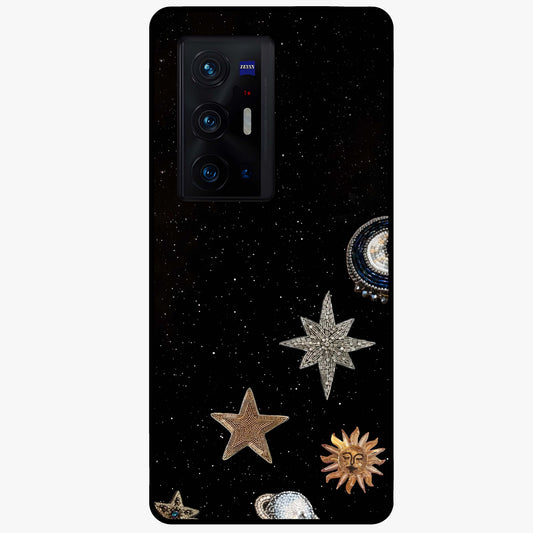 Galactic Charm Glow Glass Case showing flat back view with glowing celestial charm artwork and glossy glass finish.
