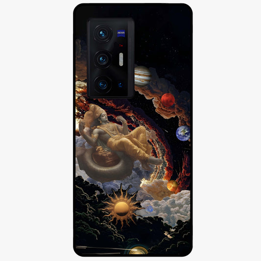 Galactic Divine God Glass Case showing flat back view with divine cosmic themed artwork and glossy glass finish.