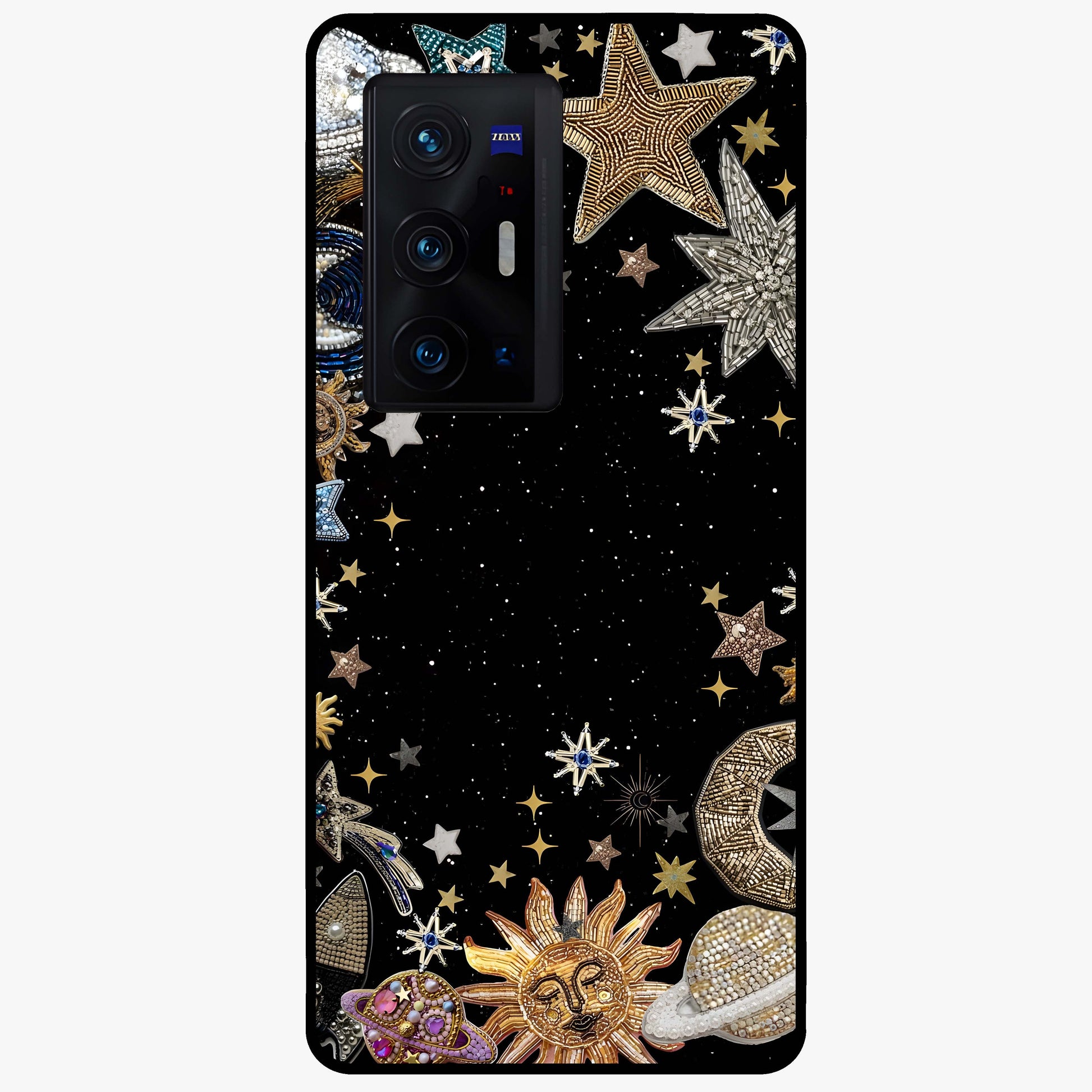 Galactic Jewel Stars Glass Case showing flat back view with sparkling star jewel artwork and glossy glass finish.