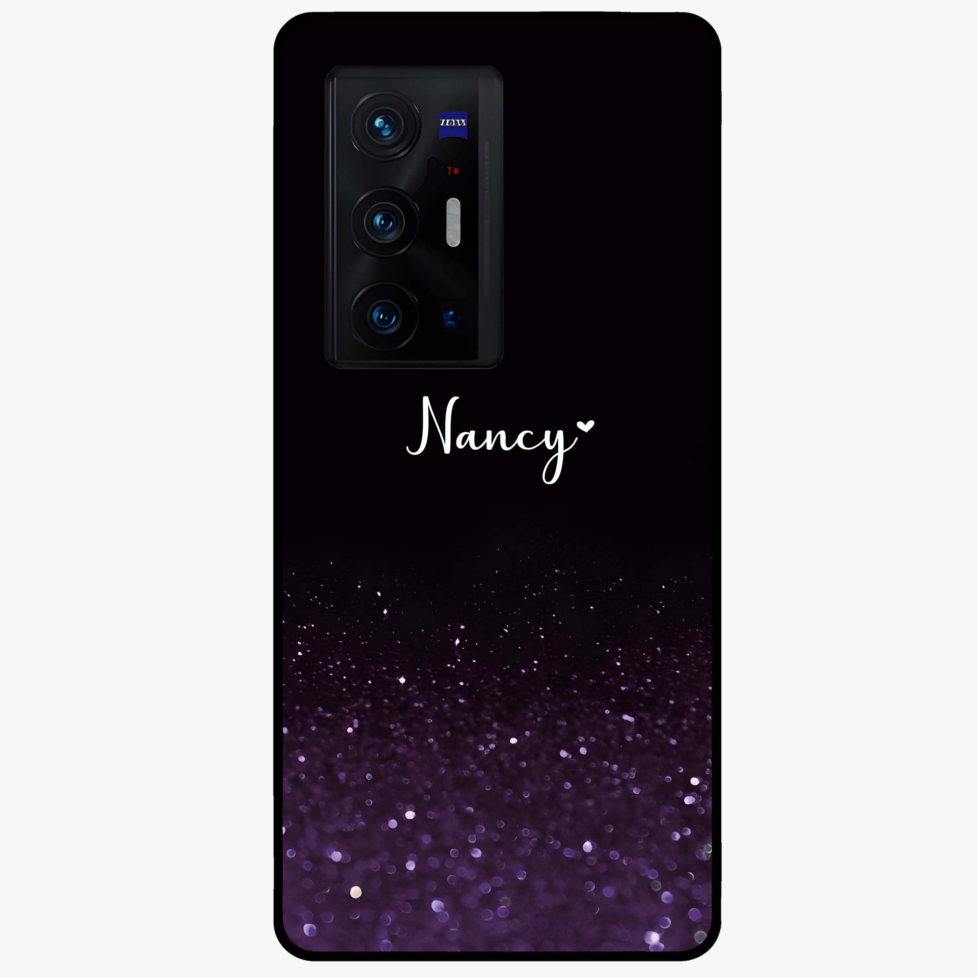 Glittery Purple Bokeh Custom Name Glass Case showing flat back view with purple bokeh sparkle artwork and personalized name design.