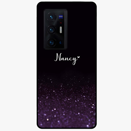 Glittery Purple Bokeh Custom Name Glass Case showing flat back view with purple bokeh sparkle artwork and personalized name design.