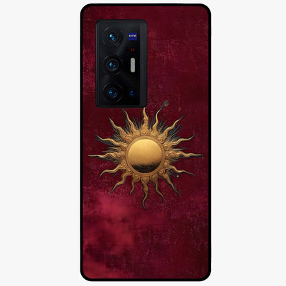 Gold Sun Blush Glass Case showing flat back view with golden sun inspired artwork and glossy glass finish.
